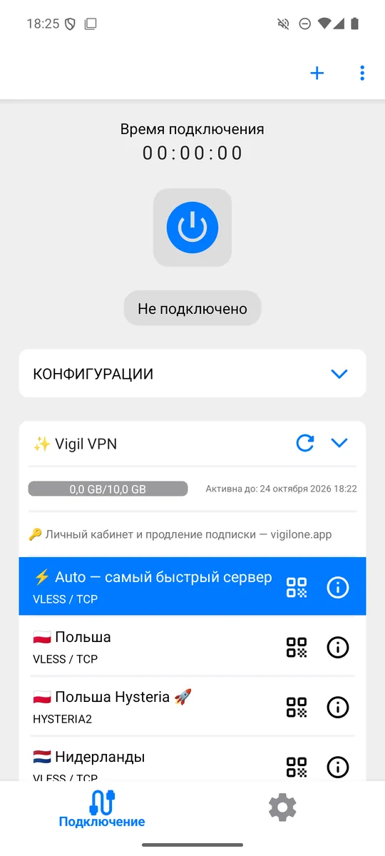 v2RayTun после импорта: подписка Vigil VPN, пункт Auto и список стран